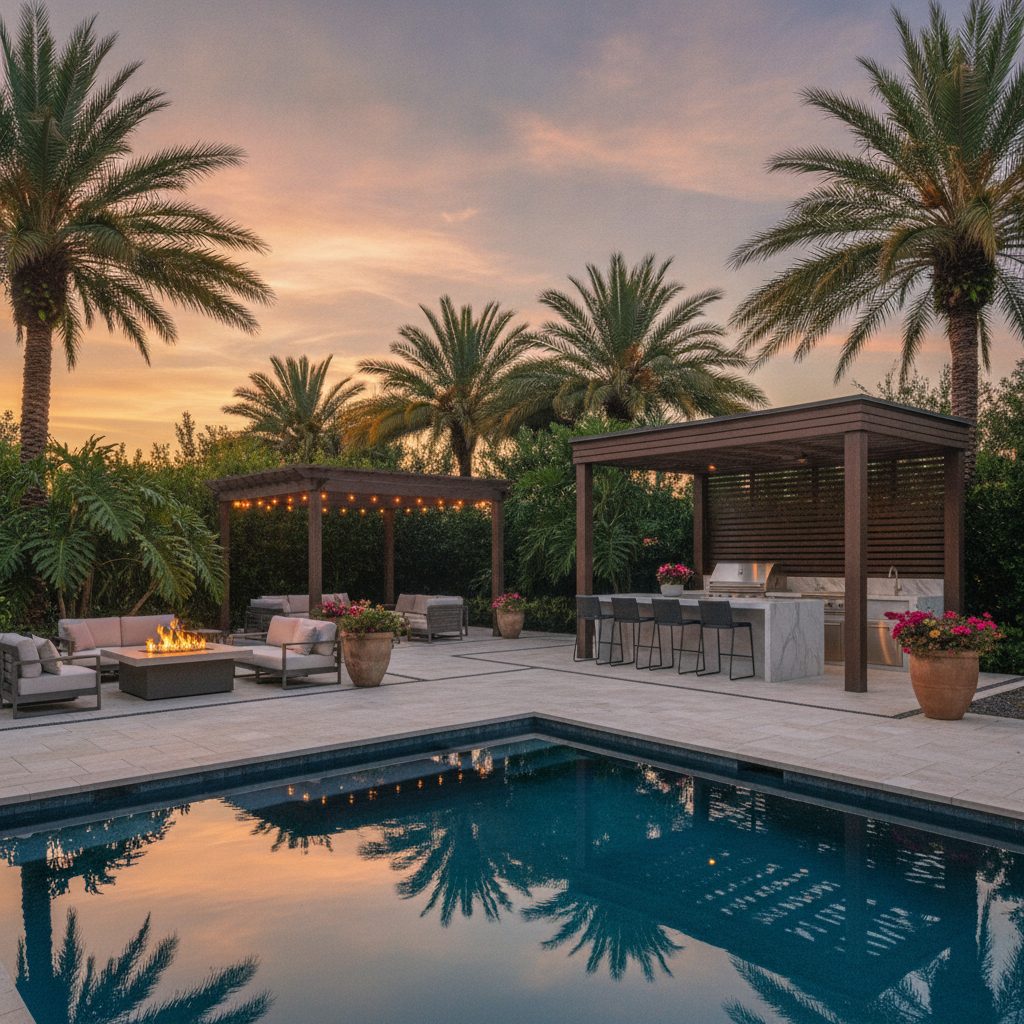 Covered outdoor kitchen and fire table at sunset, Lake Nona